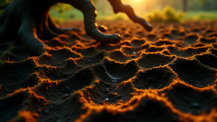 Branch shadows on peat soil, golden hour, intricate patterns, hyper-detailed natural texture.