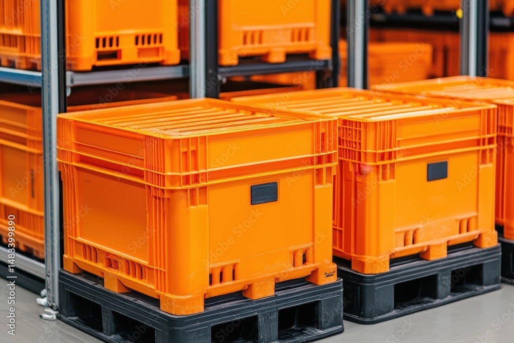 Poster orange storage containers stacked neatly in a warehouse setting.