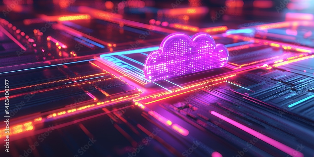 Poster abstract cloud computing concept digital data network server technology neon lights illuminated circ
