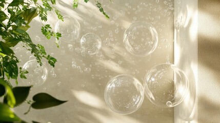 Group of six transparent bubbles floating on a beige-colored surface. the bubbles are of different sizes and shapes, and they are arranged in a scattered manner.