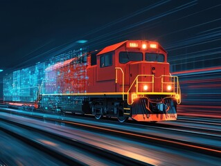 Fototapeta premium A vibrant train speeds through a dynamic, illuminated track at night.