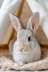 Adorable bunny resting inside cozy fabric teepee tent