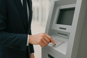 Man in suit pressing ATM keypad. Concept of financial transactions, cash withdrawal, and banking services.