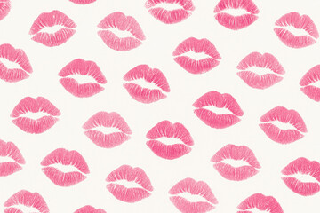 Romantic seamless pattern with pink lipstick kisses on a light background. Perfect for greeting cards, packaging, textiles, wallpaper, and festive decor.