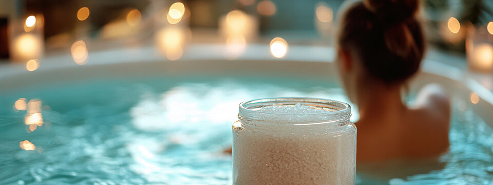 A woman relaxes in a warm bath with salt, surrounded by the soft glow of candles. Cozy spa-like atmosphere for unwinding after a long day.