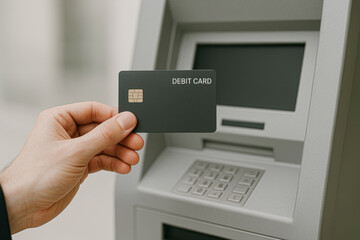 Male hand holding a black debit card in front of an ATM. Concept of cash withdrawal, financial transactions, and electronic payments.