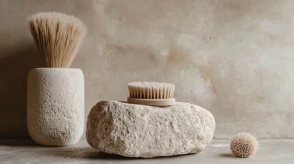 Set of shaving accessories on a concrete surface. on the left side of the image, there is a shaving brush with a white handle and bristles.