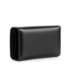 Fototapeta premium Black leather wallet close up shot isolated on white background