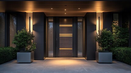 Modern Wood Door Entrance with Illuminated Details and Stylish Square Planters at Night