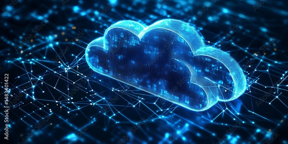 Poster abstract digital cloud computing network data concept illustration blue glowing cloud symbol on a co