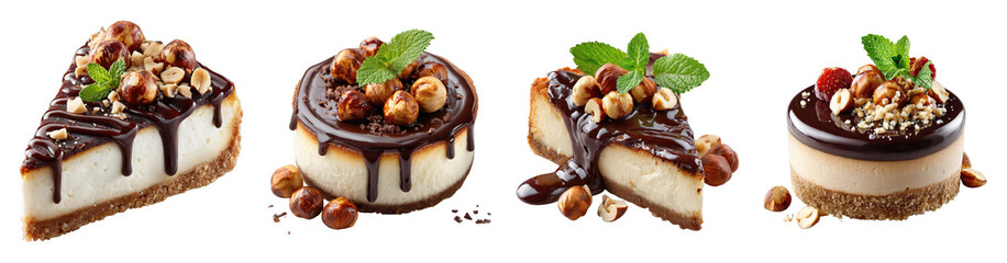 Chocolate hazelnut cheesecake slices with nuts and mint leaves, delicious dessert treats