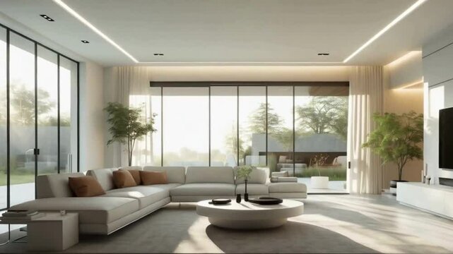 4K Dolly-In Motion Through Modern Smart Home Living Room with Glowing Smart Assistant and Minimalist Neutral Decor

