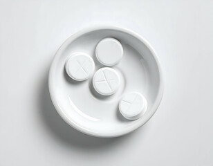 White pills scattered on a clean white background for medical and pharmaceutical use