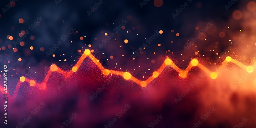 Poster abstract glowing red and orange line graph data visualization chart rising and falling over dark bac