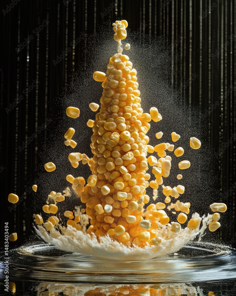 Poster corn explosion captured in studio with water droplets and black background highlighting texture and 
