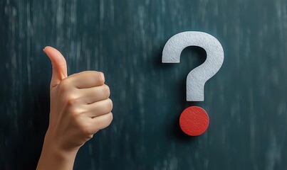 A hand gestures thumbs-up beside a question mark and a red dot on a dark background, symbolizing positive outlook despite uncertainty