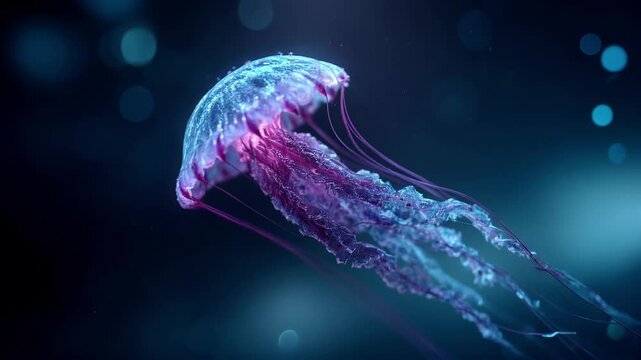 Glowing bioluminescent jellyfish floats in deep water. Purple and blue hues pulse through the translucent creature, evoking alien beauty and the mysteries of nature.