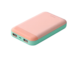 Portable power bank with a pastel pink and mint green design, ideal for charging smartphones and other devices on the go