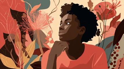 Woman poses with thoughtful expression amidst floral illustration