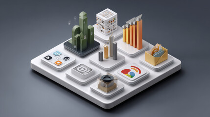 Layered isometric diagram of digital marketing channels with icons, arrows, and dashboards in modern flat corporate style
Generative AI