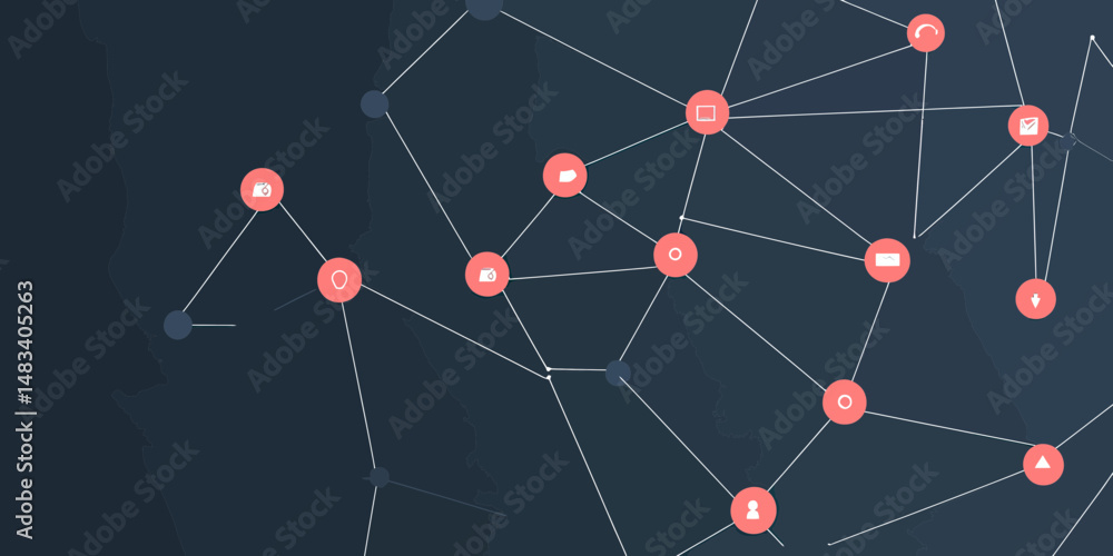 Poster abstract business network connections with digital device icons and user avatar in minimalist dark b