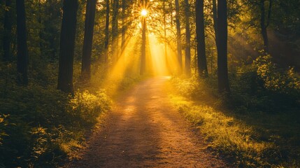 Obraz premium Sunbeams through the Forest Path
