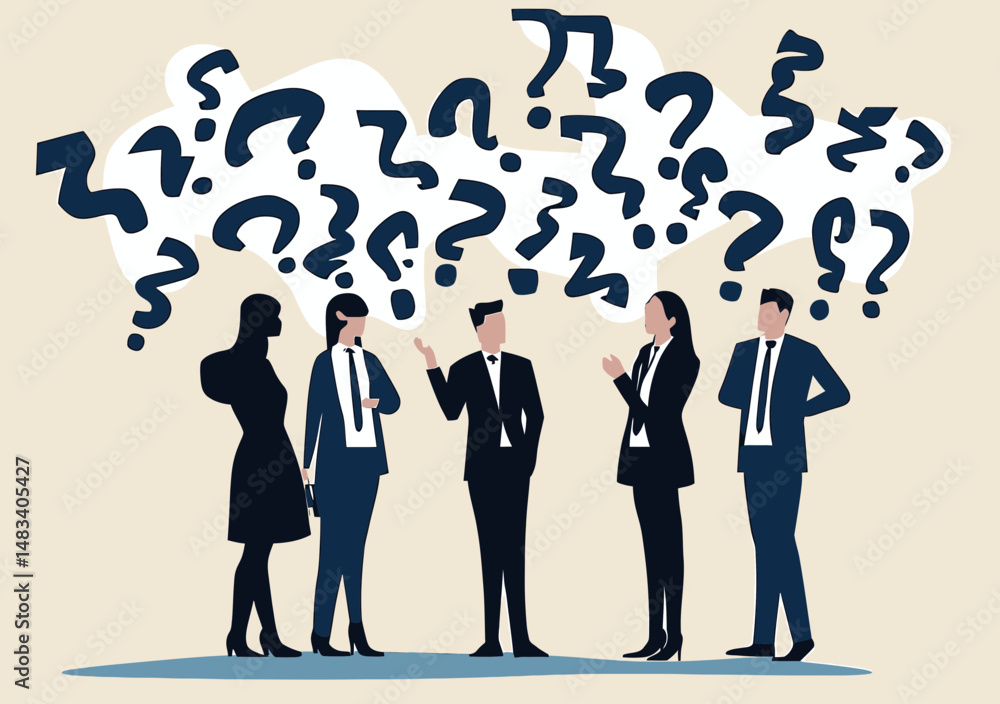 Poster business people group with question marks overhead confused about complex problems and uncertainty i