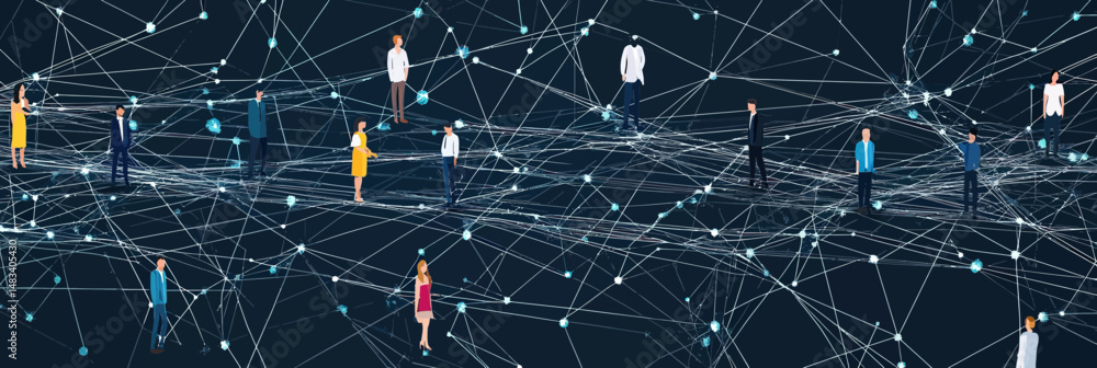 Poster diverse people standing on interconnected digital network with glowing nodes and lines representing 