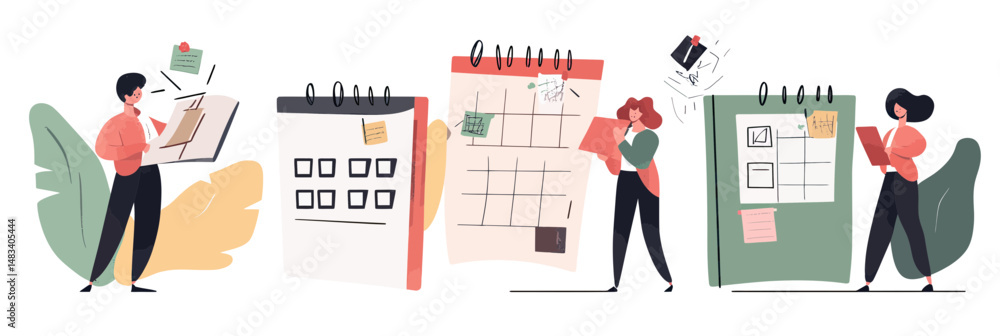 Poster flat vector illustration of people planning schedules with calendars and checklists, organizing dail