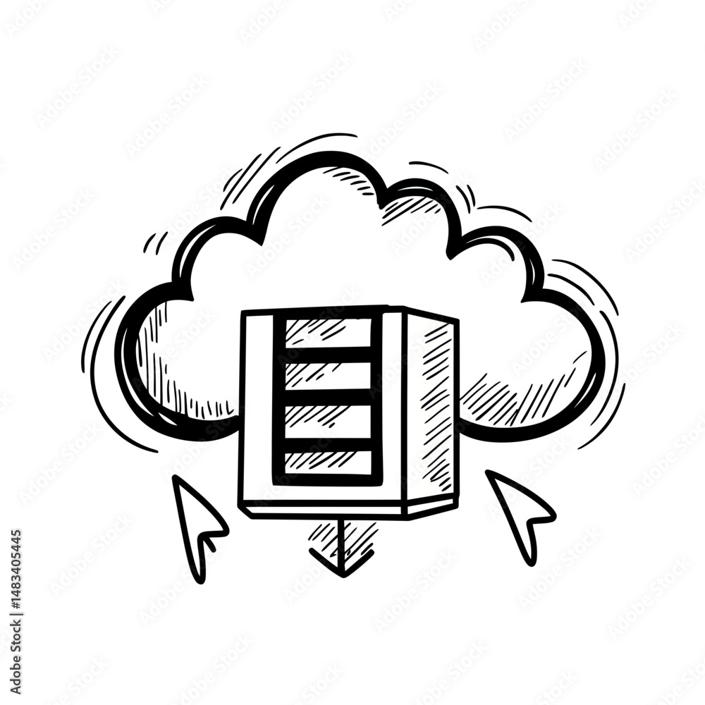 Aufkleber hand drawn sketch style cloud data server with download and upload arrows digital storage technology