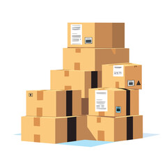 Fototapeta premium Stack of brown cardboard boxes with shipping labels and black tape organized in pyramid shape on white background vector illustration packing and shipping concept minimalist style