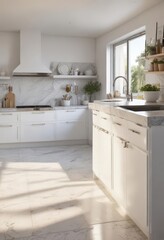 Sunlit white kitchen, marble counters, modern appliances,  interior,  airy,  architecture