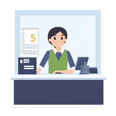 Fototapeta premium Smiling bank cashier woman behind glass counter at modern bank teller station with computer and payment terminal in flat vector style