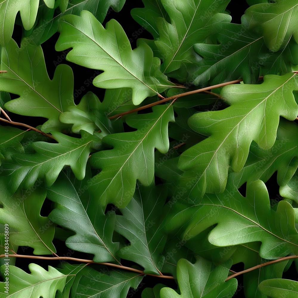 Poster richly detailed green oak leaves create a seamless pattern against a black background in a vibrant a