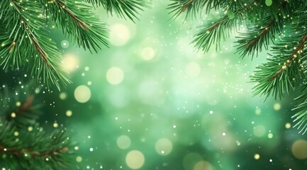 Festive green Christmas backdrop with pine branches and bokeh