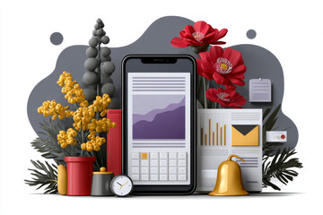 Content calendar UI with phones, posts, graphs, and notifications, surrounded by abstract shapes in a clean, stylized digital composition
Generative AI