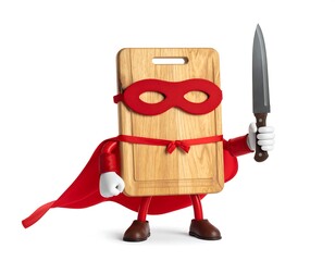 Obraz premium Superhero Cutting Board Character in Red Cape and Mask Holding Knife on White