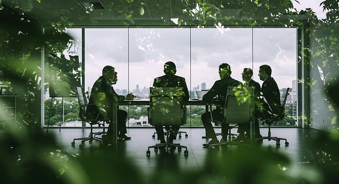 Business Meeting in a Modern Office with City View, Framed by Lush Green Foliage, Emphasizing Sustainability and Growth