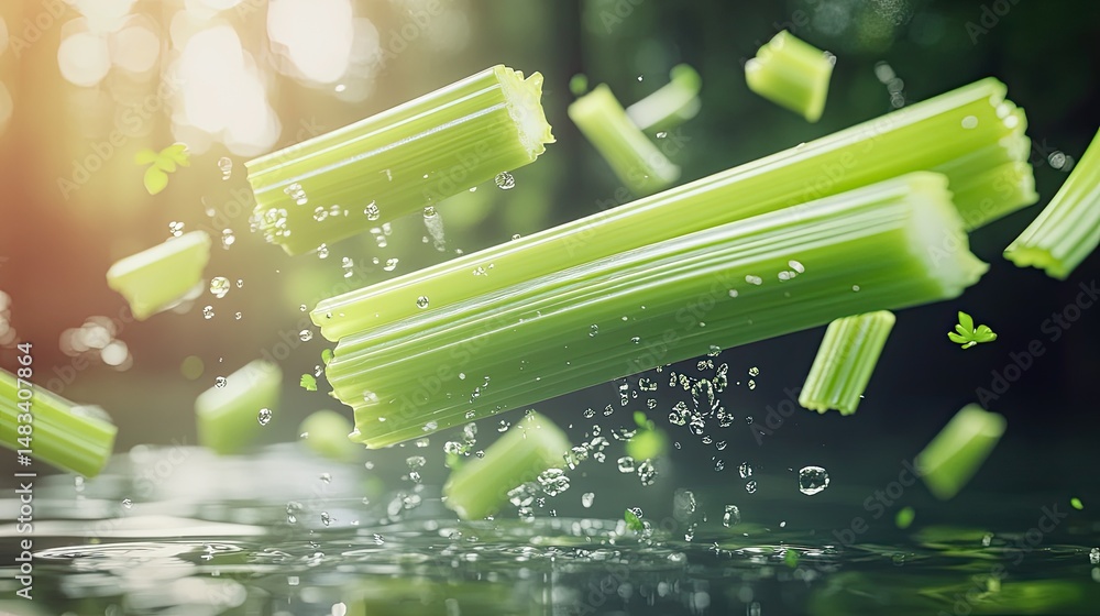 Poster generic celery stalks floating in water with splashes against blurry forest background illuminated b