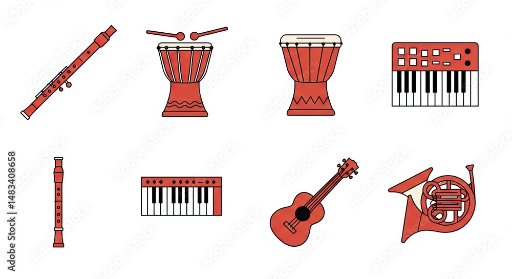 Poster collection of musical instruments isolated on white background in flat design style