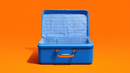 Empty blue suitcase on orange background
