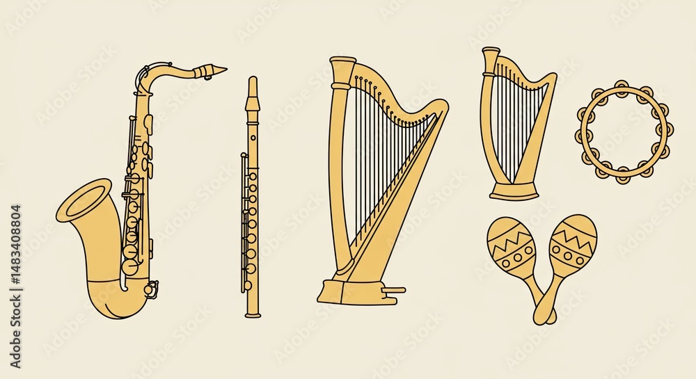 Poster collection of musical instruments in gold color on a cream background