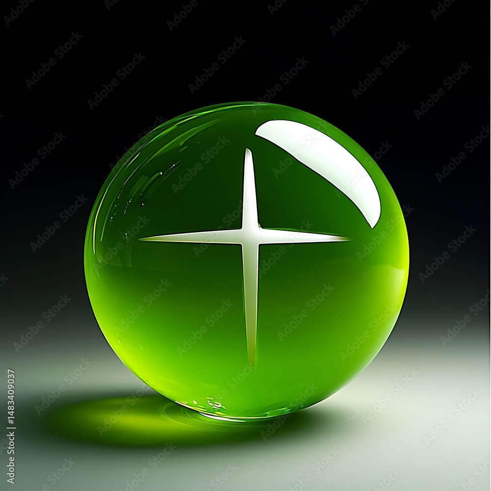 Poster abstract green orb with a white plus symbol inside, representing unity, positivity and interconnecte