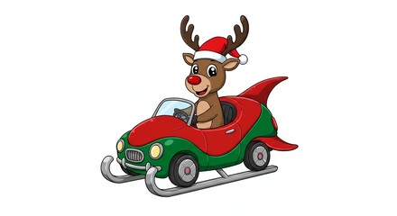 Cartoon reindeer driving christmas car on sleigh