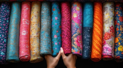 Colorful fabrics neatly rolled and displayed. Hands reaching for a piece