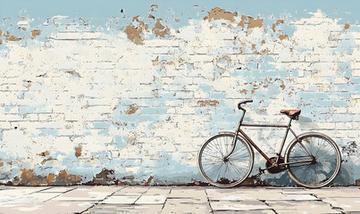A vintage bicycle rests against a weathered wall on a tiled pavement, painted in shades of blue, brown, & white