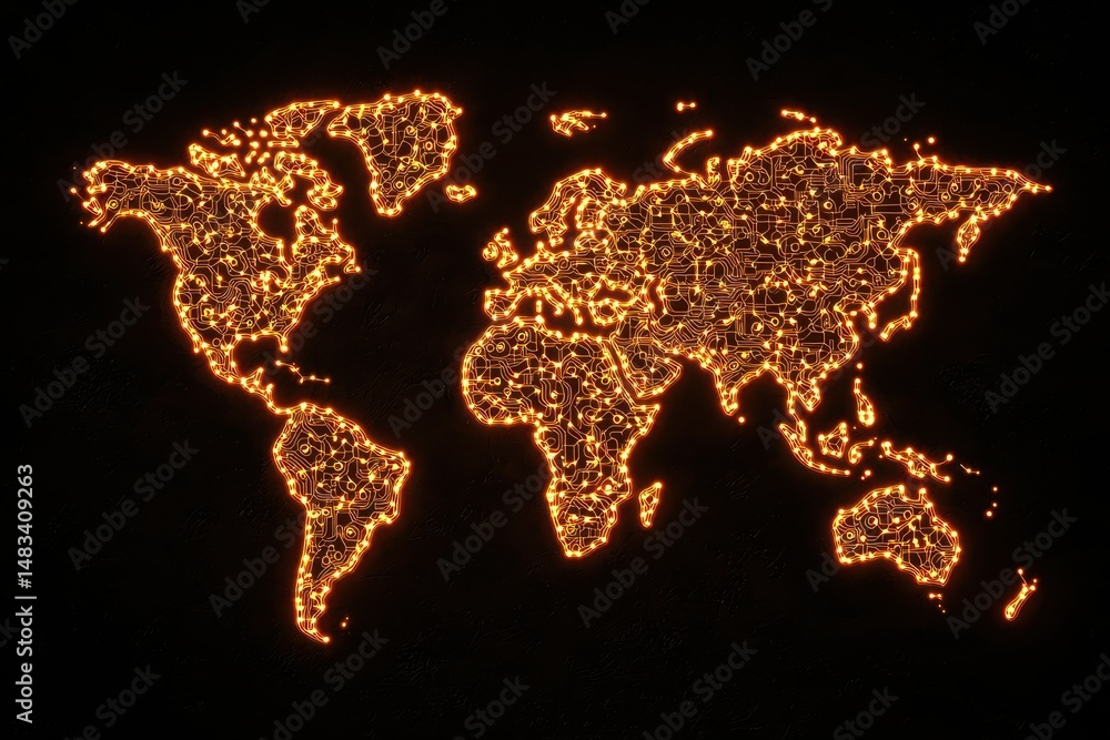 Poster a glowing world map is outlined with interconnected lights on a dark background, symbolizing global 