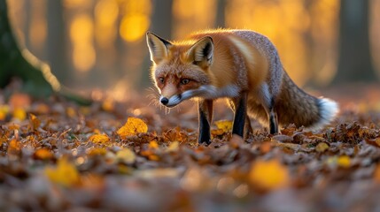 Naklejka premium Red fox amidst autumn leaves
