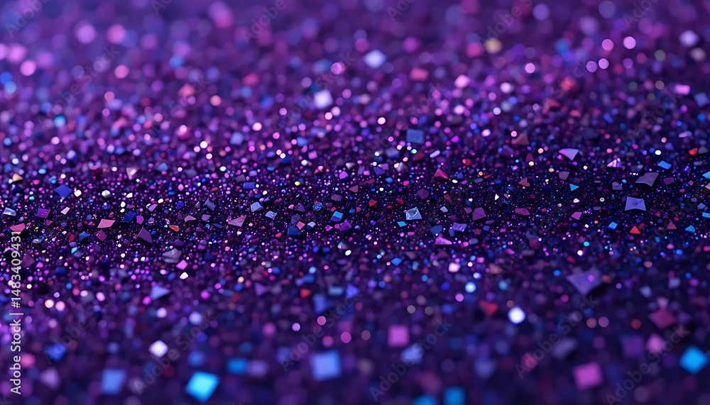 Poster shimmering purple glitter surface with sparkling light reflections and bokeh effect, creating a luxu