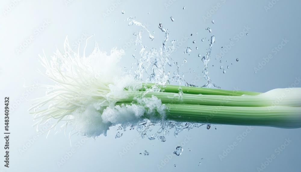 Poster fresh green onions submerged in water creating a dynamic splash against a soft blue background. focu